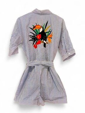 Zara Blue & White Striped Button-Up Romper w/embroidered toucan - Size M